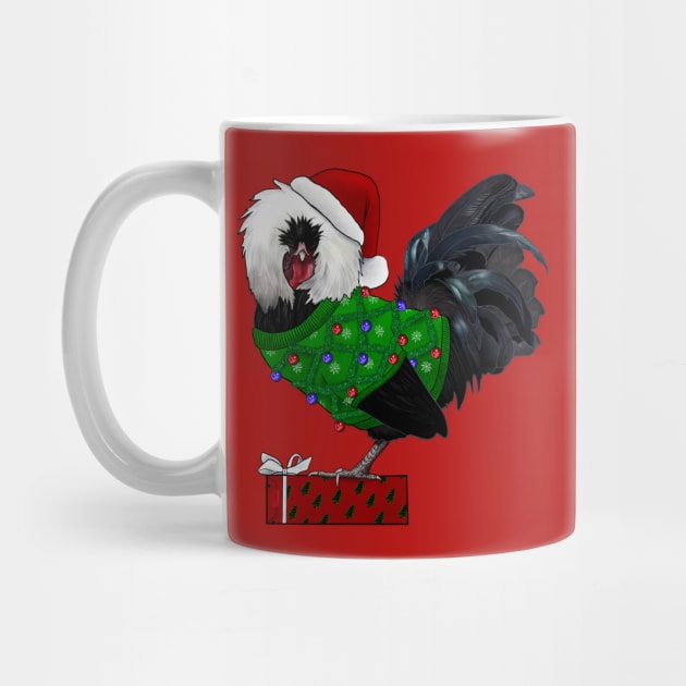 Black Polish Rooster In An Ugly Christmas Sweater And Santa Hat With Gift by Ashley D Wilson